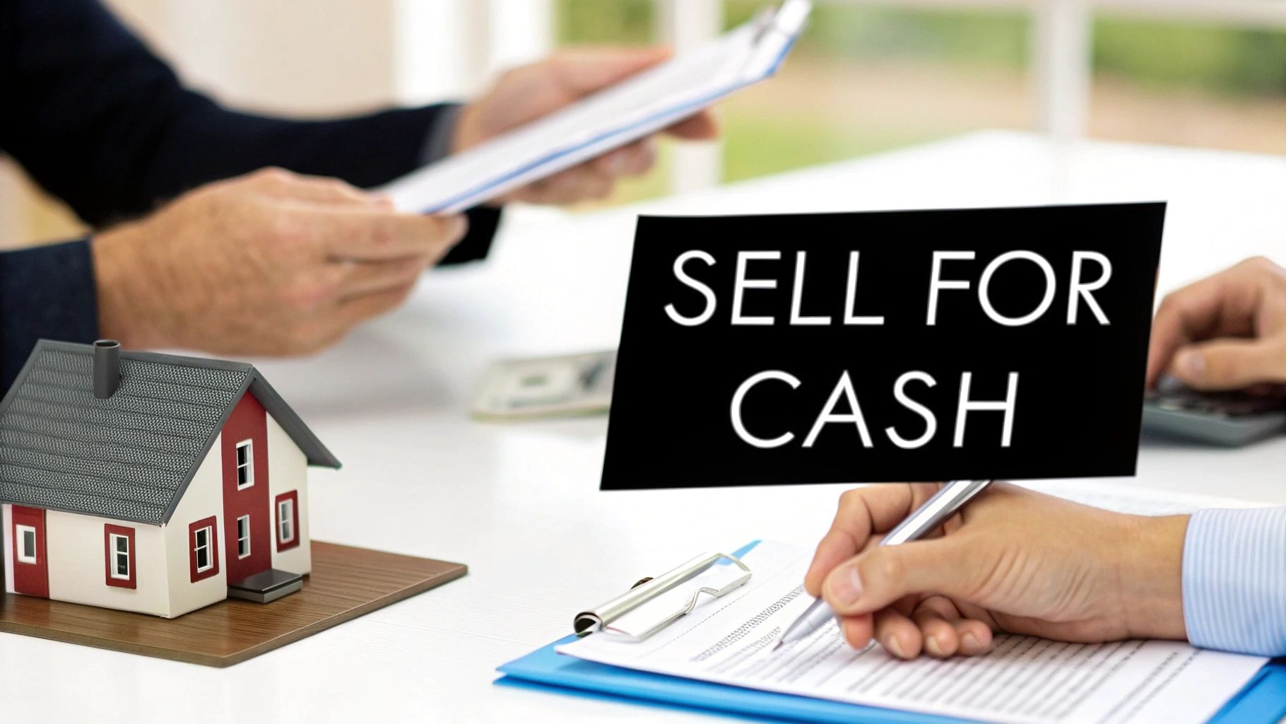 Hands signing real estate documents on a table with a house model and 'SELL FOR CASH' sign.