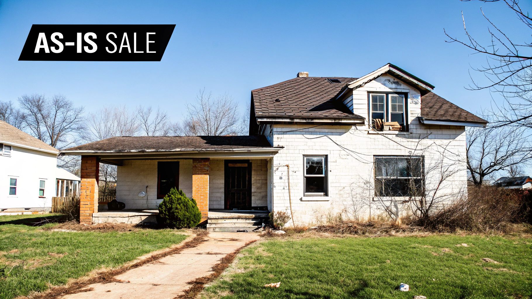 A neglected white house with a porch and 'AS-IS SALE' sign on a sunny day.