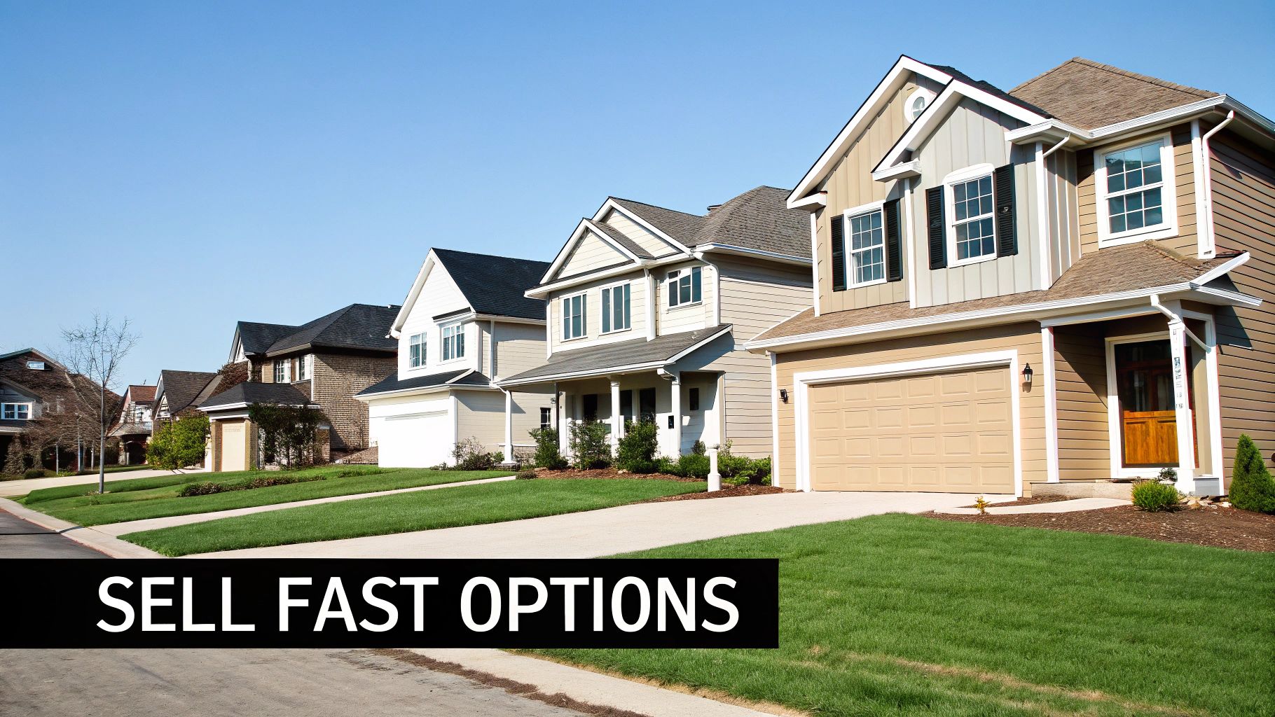 A clear blue sky over a street lined with modern suburban houses, featuring green lawns and driveways.