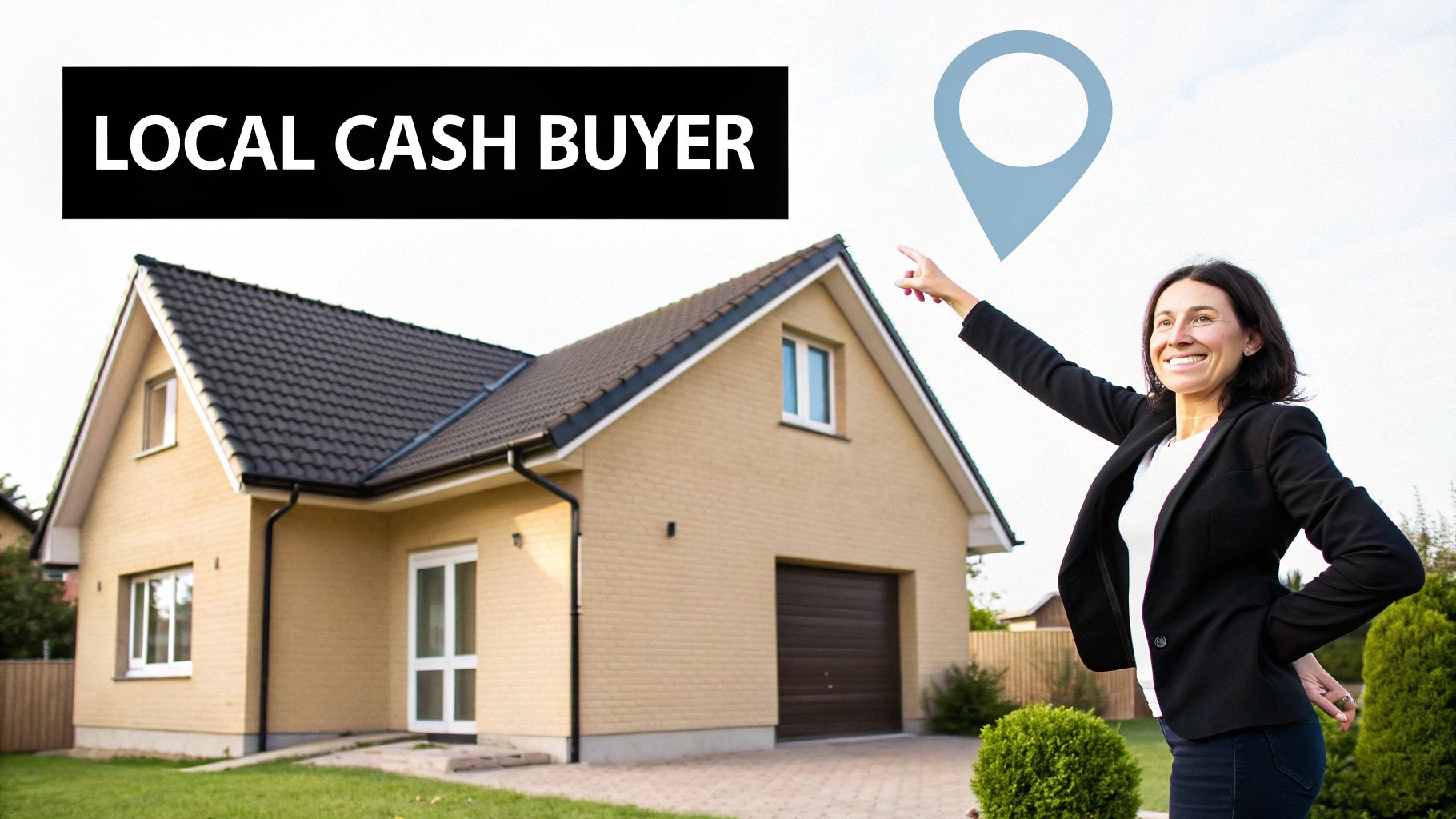 A smiling woman points to a location pin above a house with a "LOCAL CASH BUYER" sign.