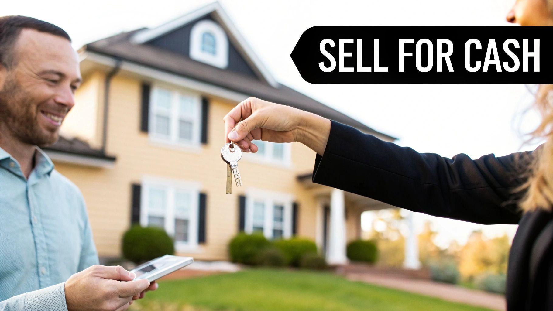 A smiling man receives house keys from a woman in front of a yellow house with a "SELL FOR CASH" sign.