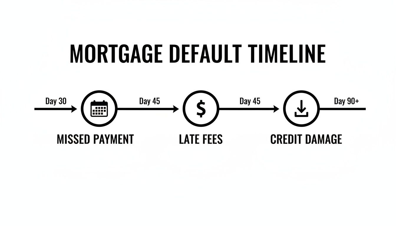 A clear timeline illustrating the mortgage default process, showing missed payments, late fees, and credit damage.