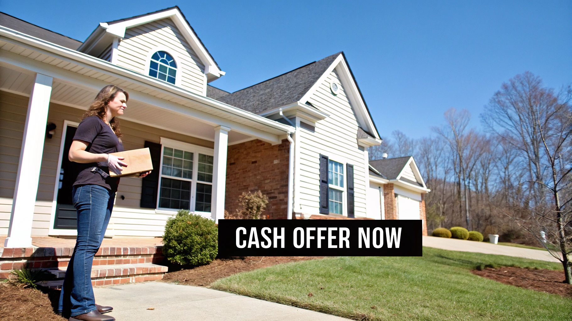 A woman holds a package on the porch of a house under a blue sky, with "CASH OFFER NOW" text.