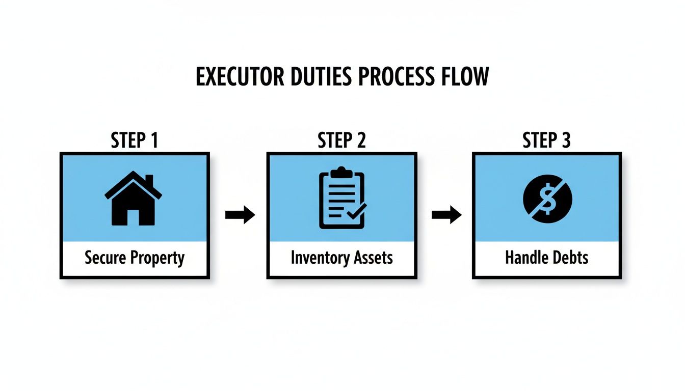 An executor duties process flow diagram outlining three steps: Secure Property, Inventory Assets, and Handle Debts.