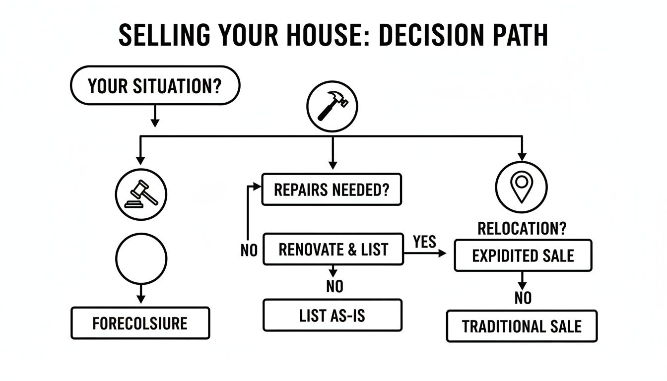 Flowchart illustrating the decision path for selling your house, covering repairs, relocation, and financial situations.