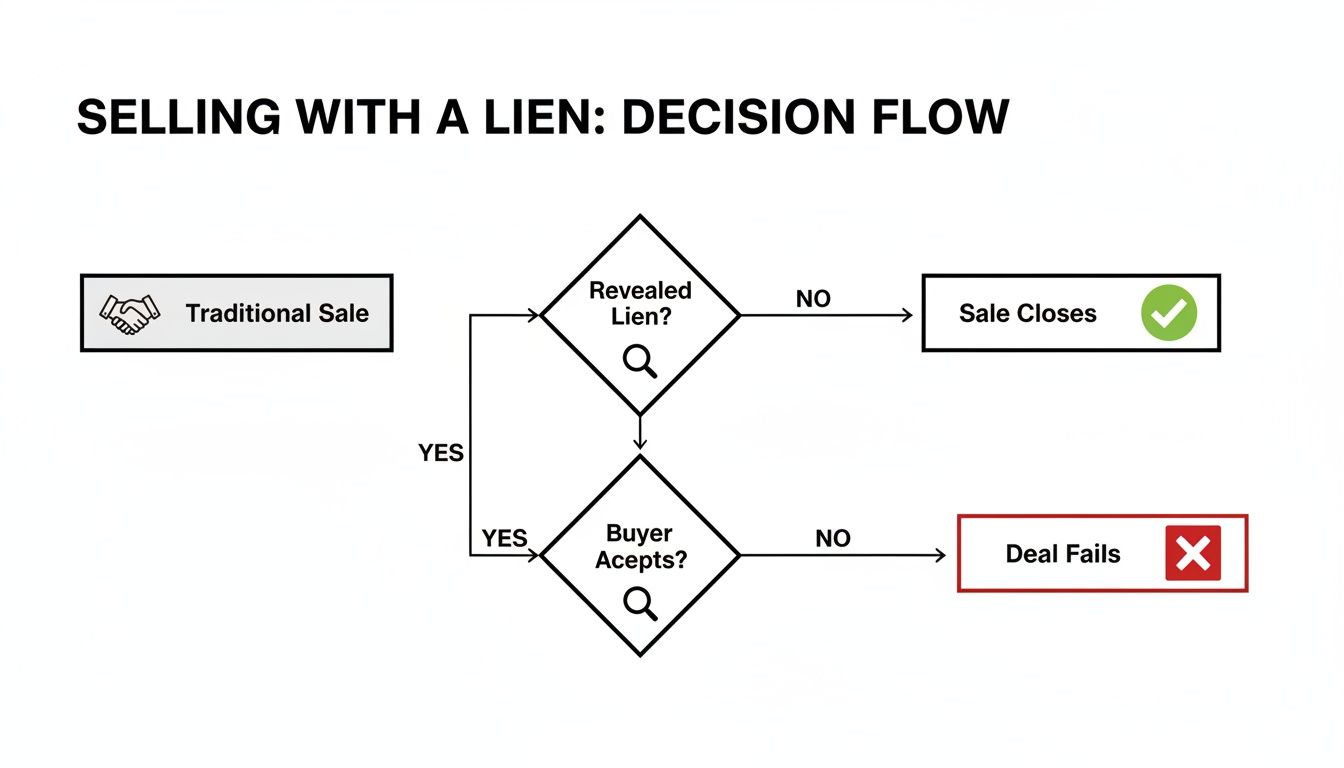 A decision flow chart visually explains the process of selling a property with a revealed lien.