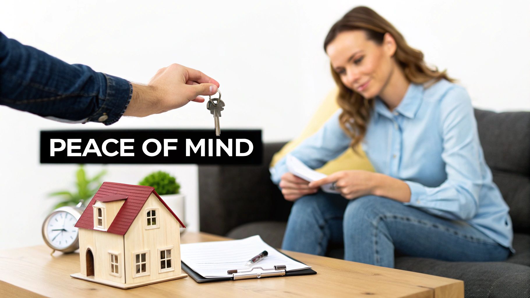 Hand giving house keys over a model home with 'PEACE OF MIND' text, woman reviewing documents.