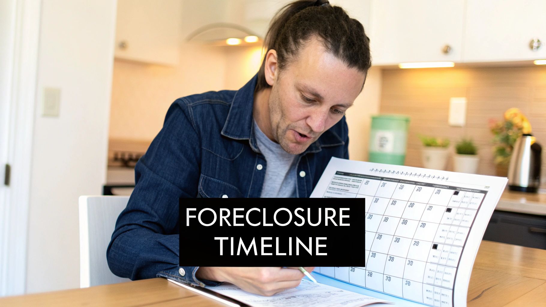 A man with a pen, intently studying a document titled 'Foreclosure Timeline' at a kitchen table.