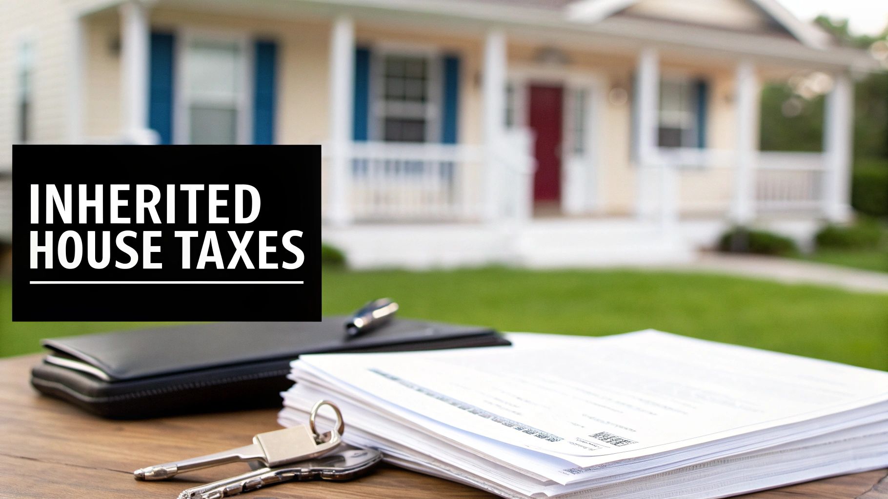 A blurry house in the background with a table in the foreground displaying documents, keys, and a wallet. Text reads 'INHERITED HOUSE TAXES'.