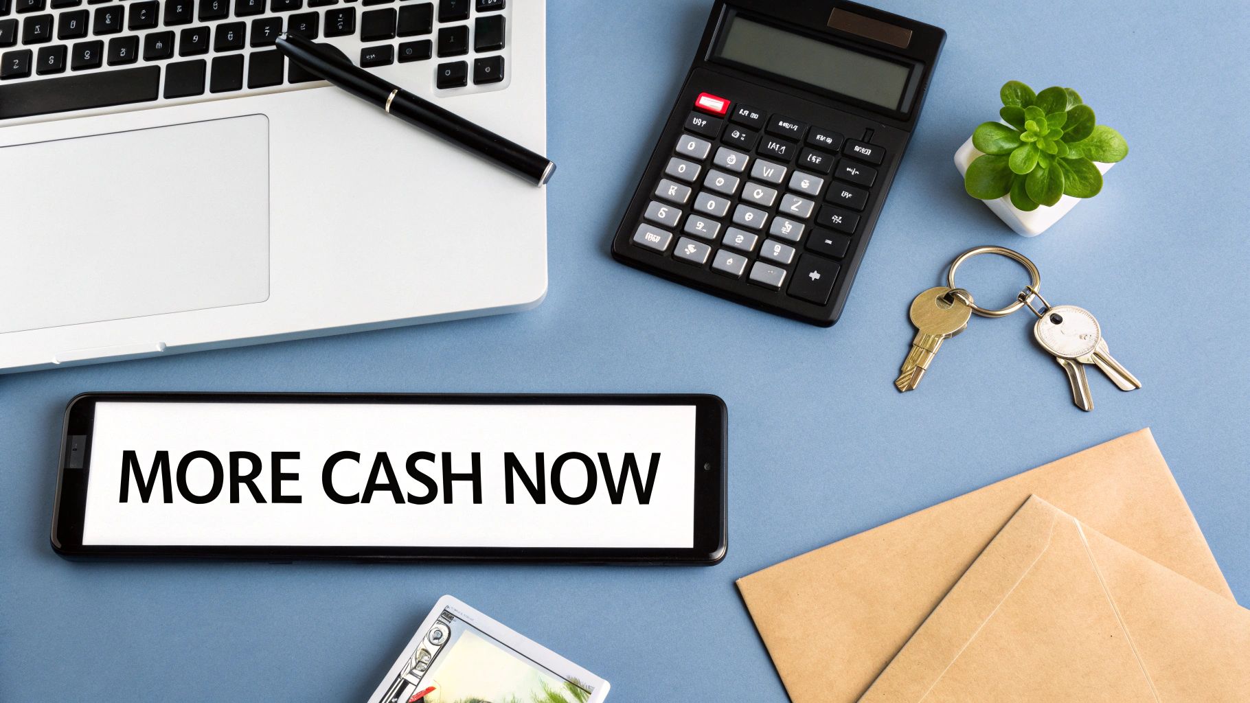 Flat lay of a workspace with a smartphone displaying 'MORE CASH NOW,' laptop, calculator, keys, and cash, symbolizing a quick home sale.