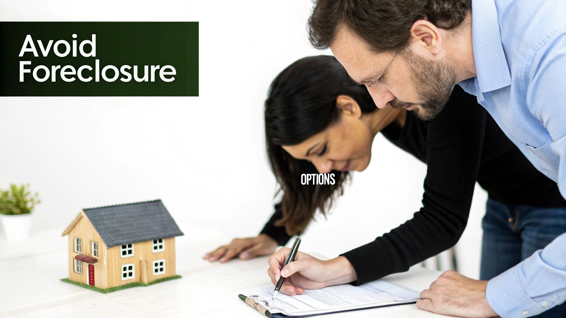 A couple discusses options to avoid foreclosure, signing documents next to a model house.