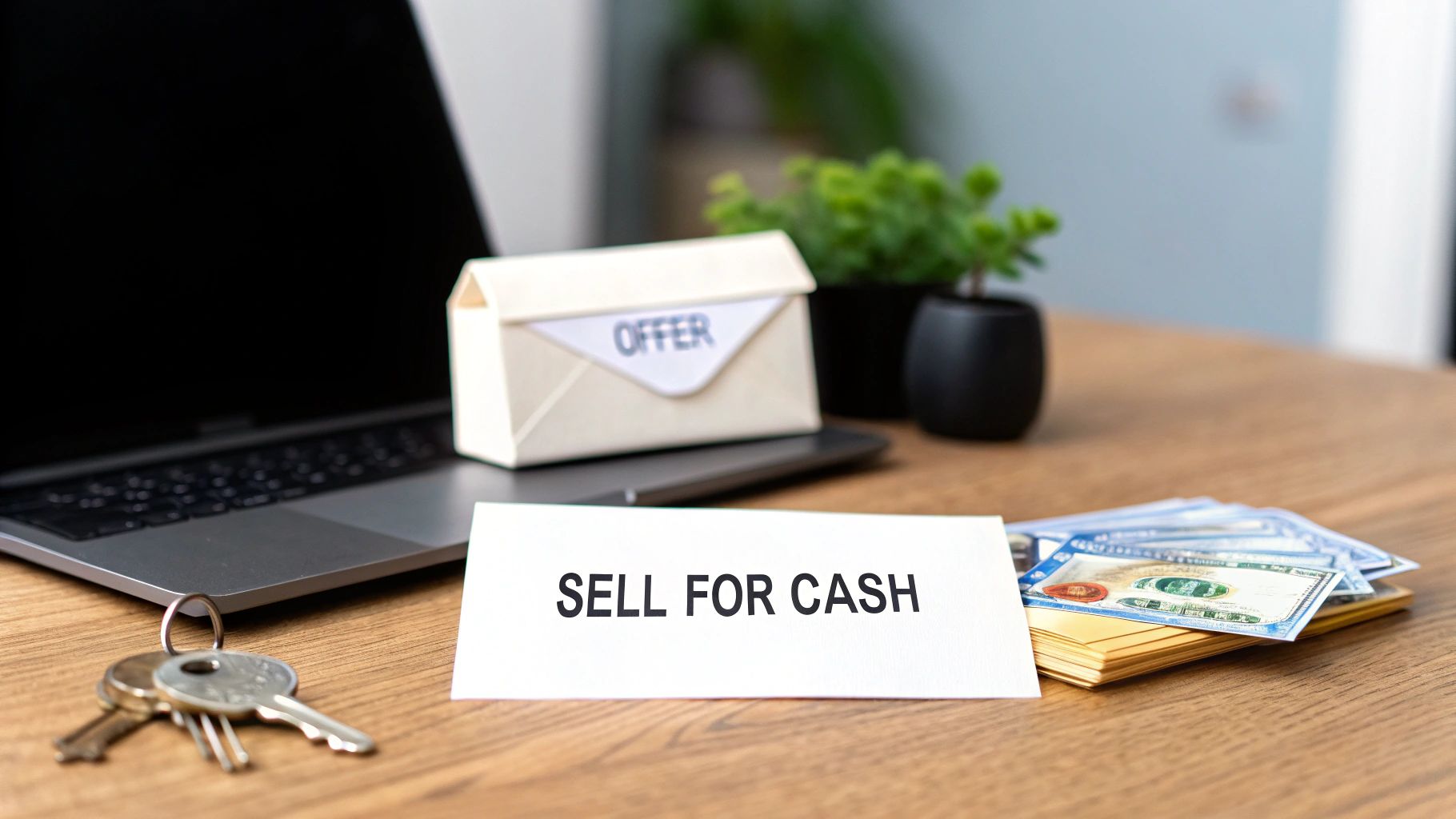 A desk with a 'SELL FOR CASH' sign, US dollars, house keys, and a house offer envelope.