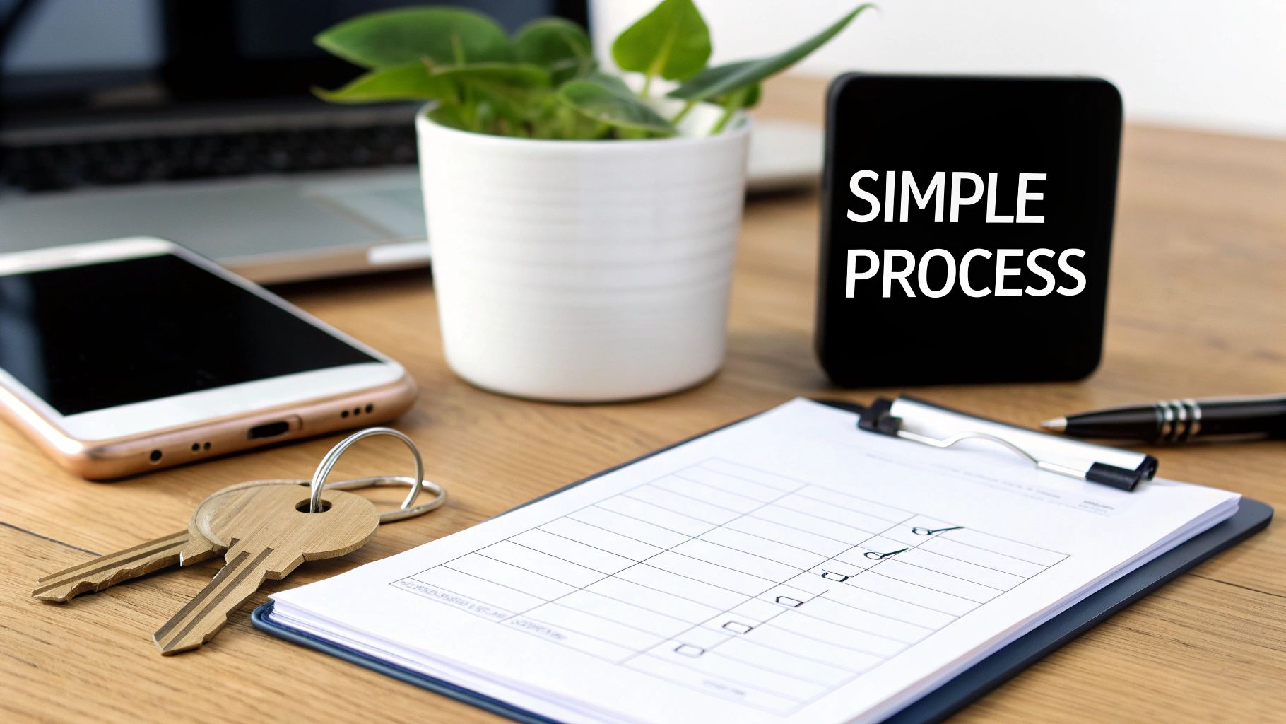 Desk with smartphone, plant, keys, and a 'SIMPLE PROCESS' sign next to a checklist.