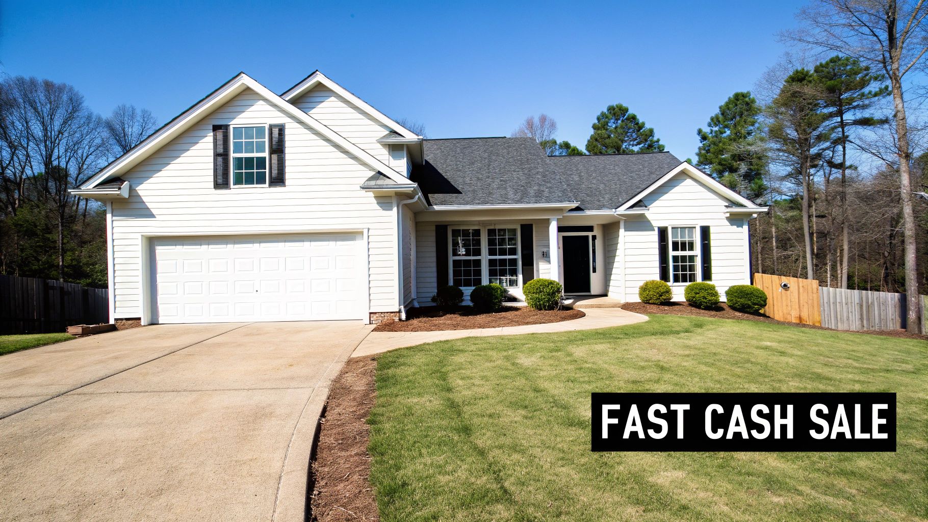 A clean white single-family house with a driveway, green lawn, and a 'FAST CASH SALE' sign.
