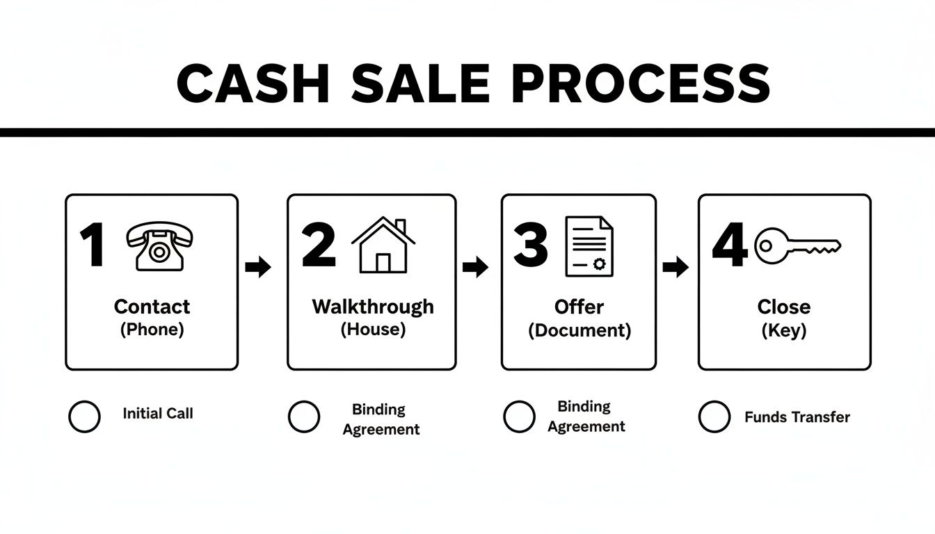 Flowchart illustrating the 4-step cash sale process: contact, walkthrough, offer, and close.