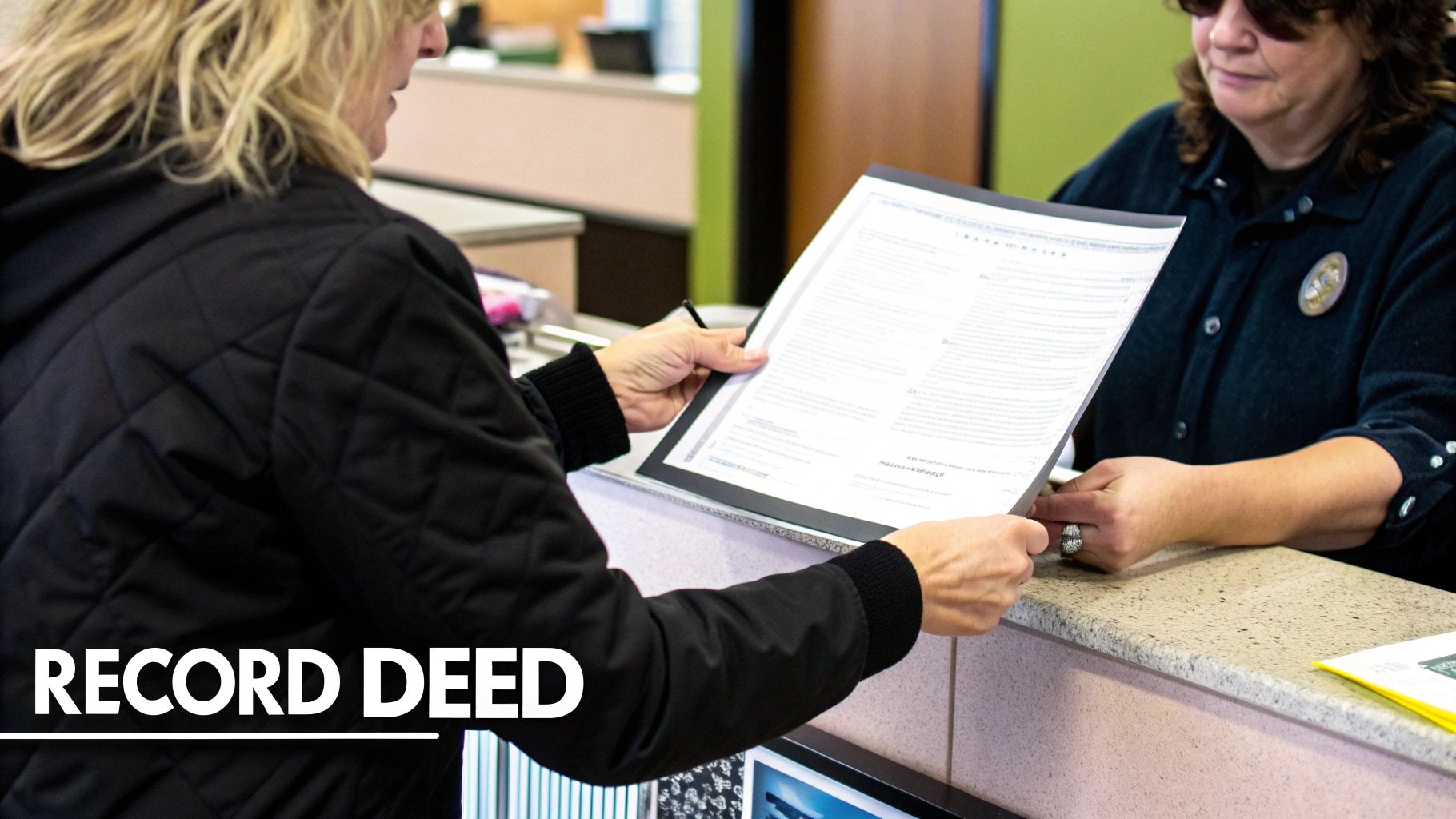 A person hands over legal documents to a clerk across a counter to record a deed.