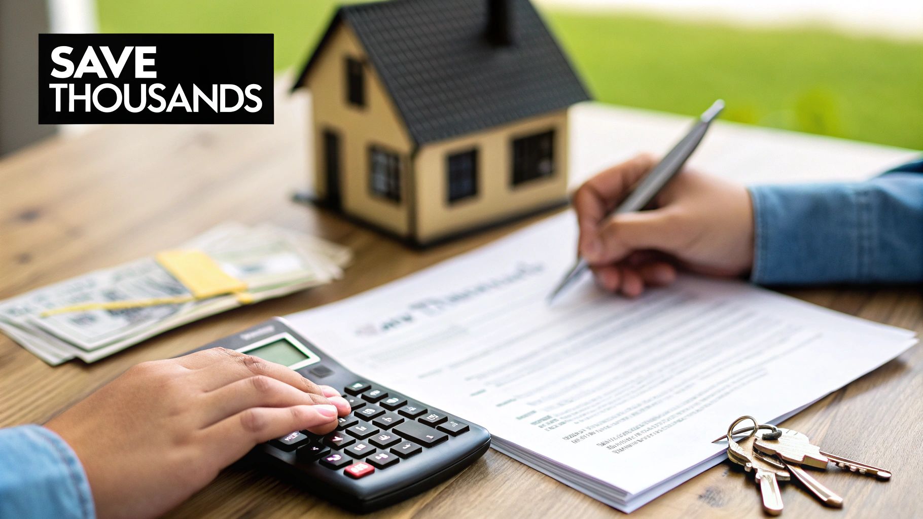 Hands signing a real estate document and using a calculator, with a model house, money, and keys on a table, promoting 'SAVE THOUSANDS'.