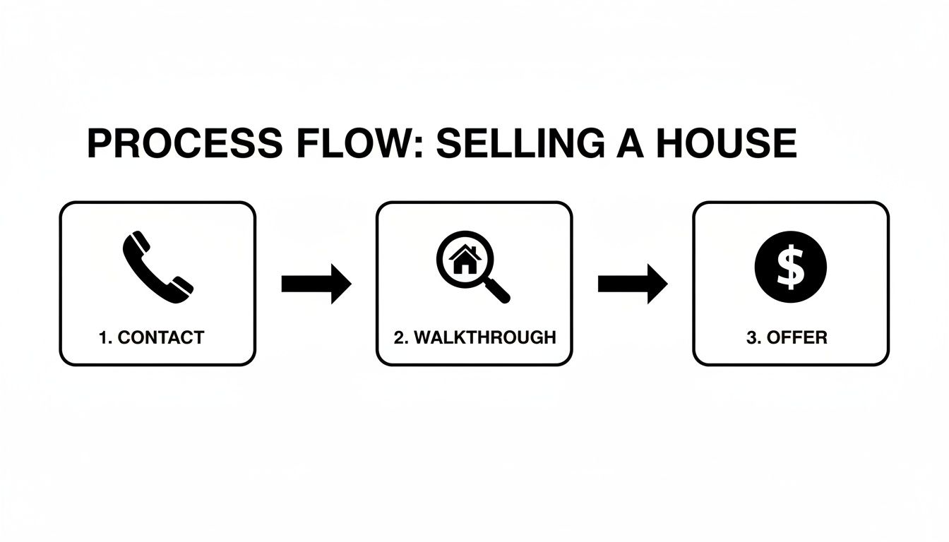 A process flow diagram showing three steps for selling a house: contact, walkthrough, and offer.