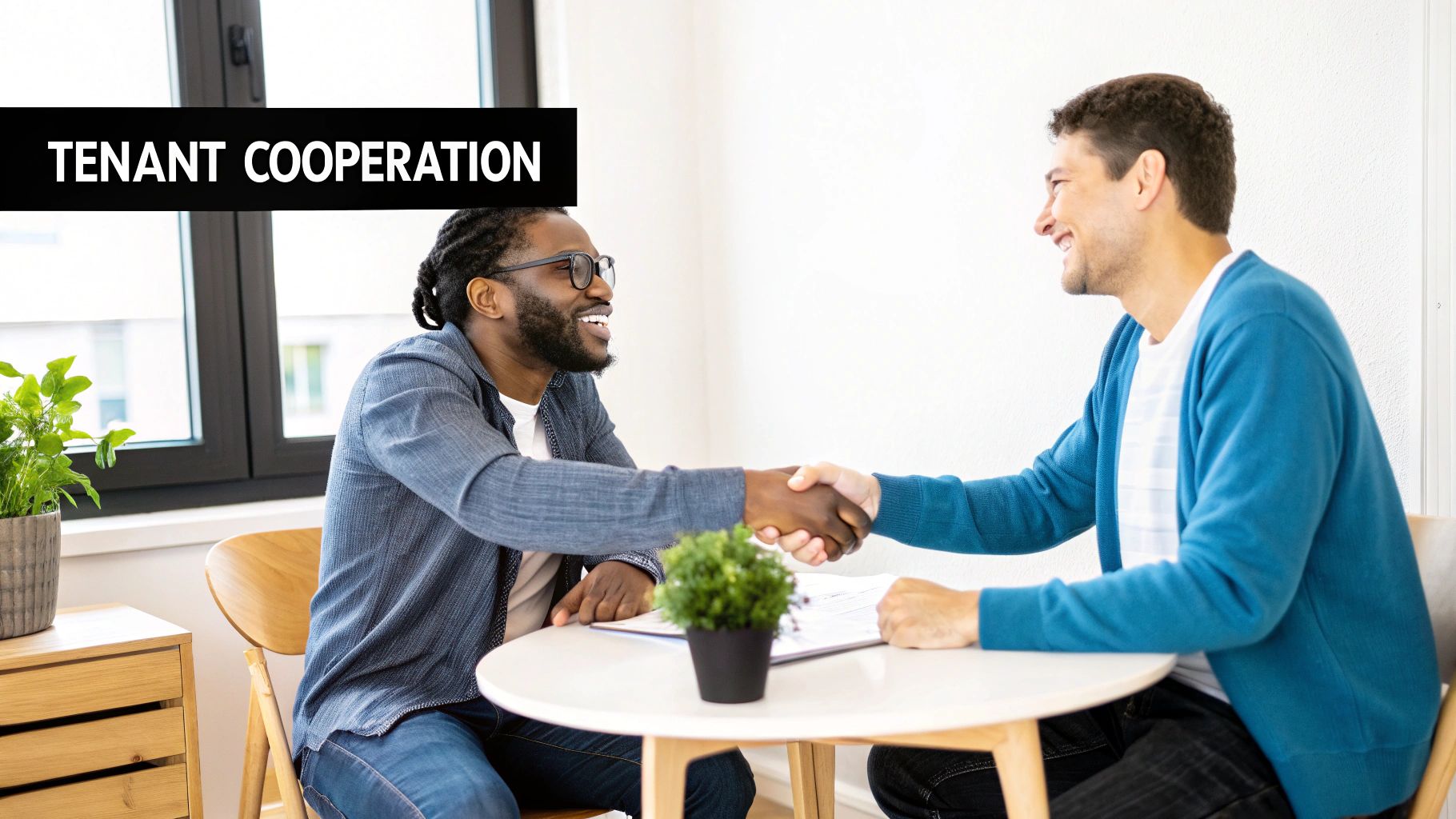 Two diverse men shaking hands and smiling at a table, representing successful tenant cooperation.
