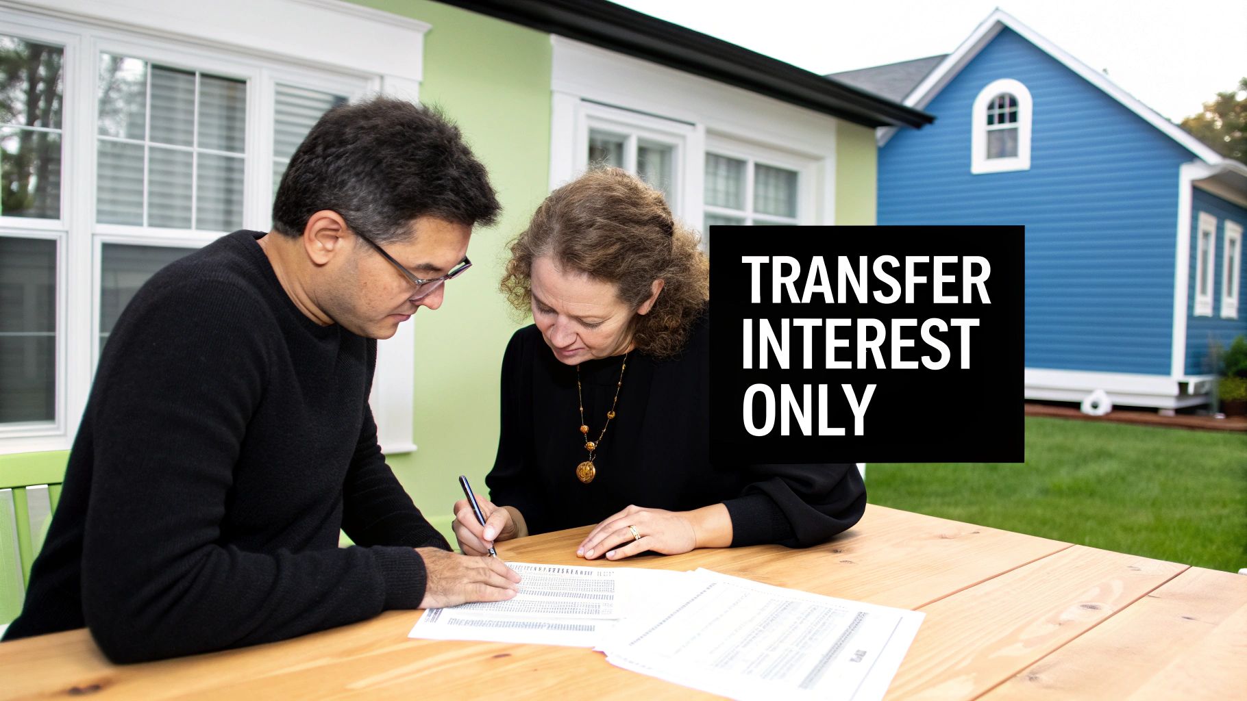 A man and woman sign legal documents on a wooden table outdoors with houses in the background.