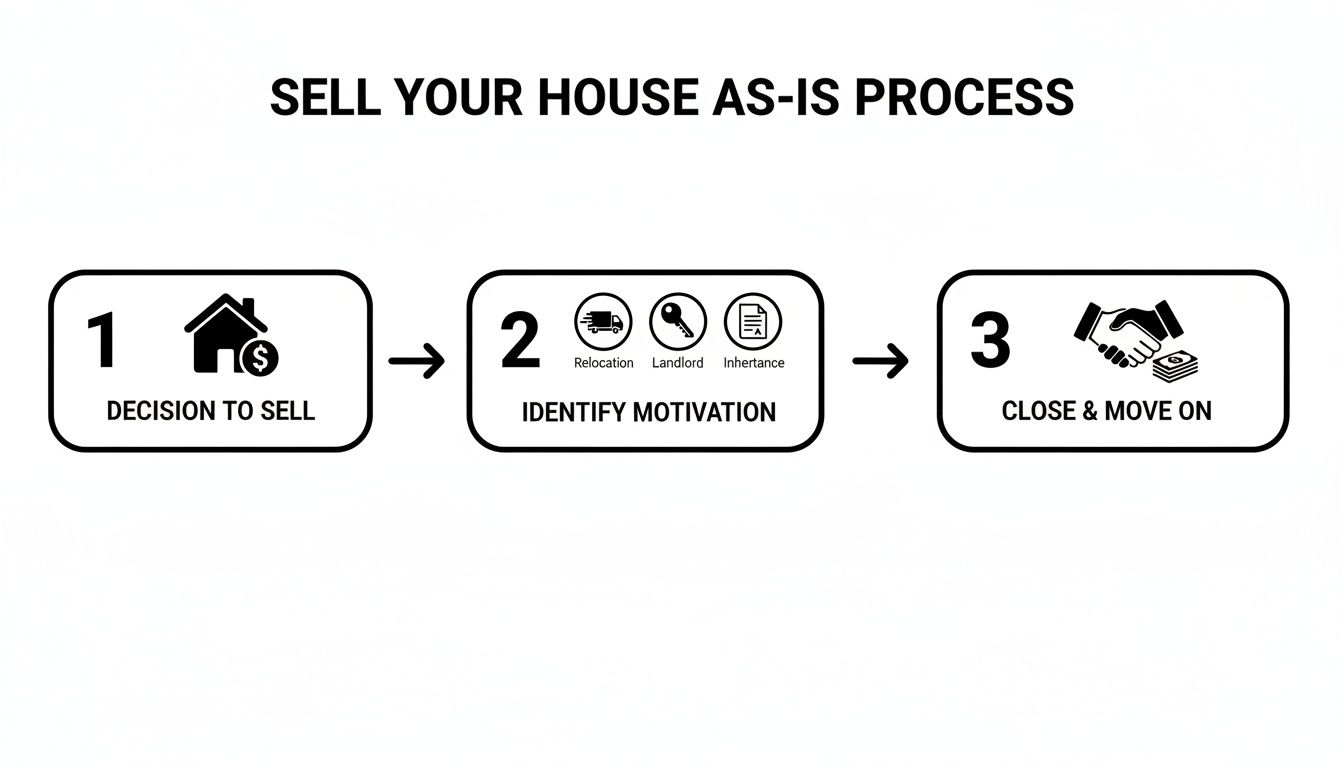An infographic detailing a 3-step process to sell a house as-is: Decision, Motivation (relocation, landlord, inheritance), and Close.