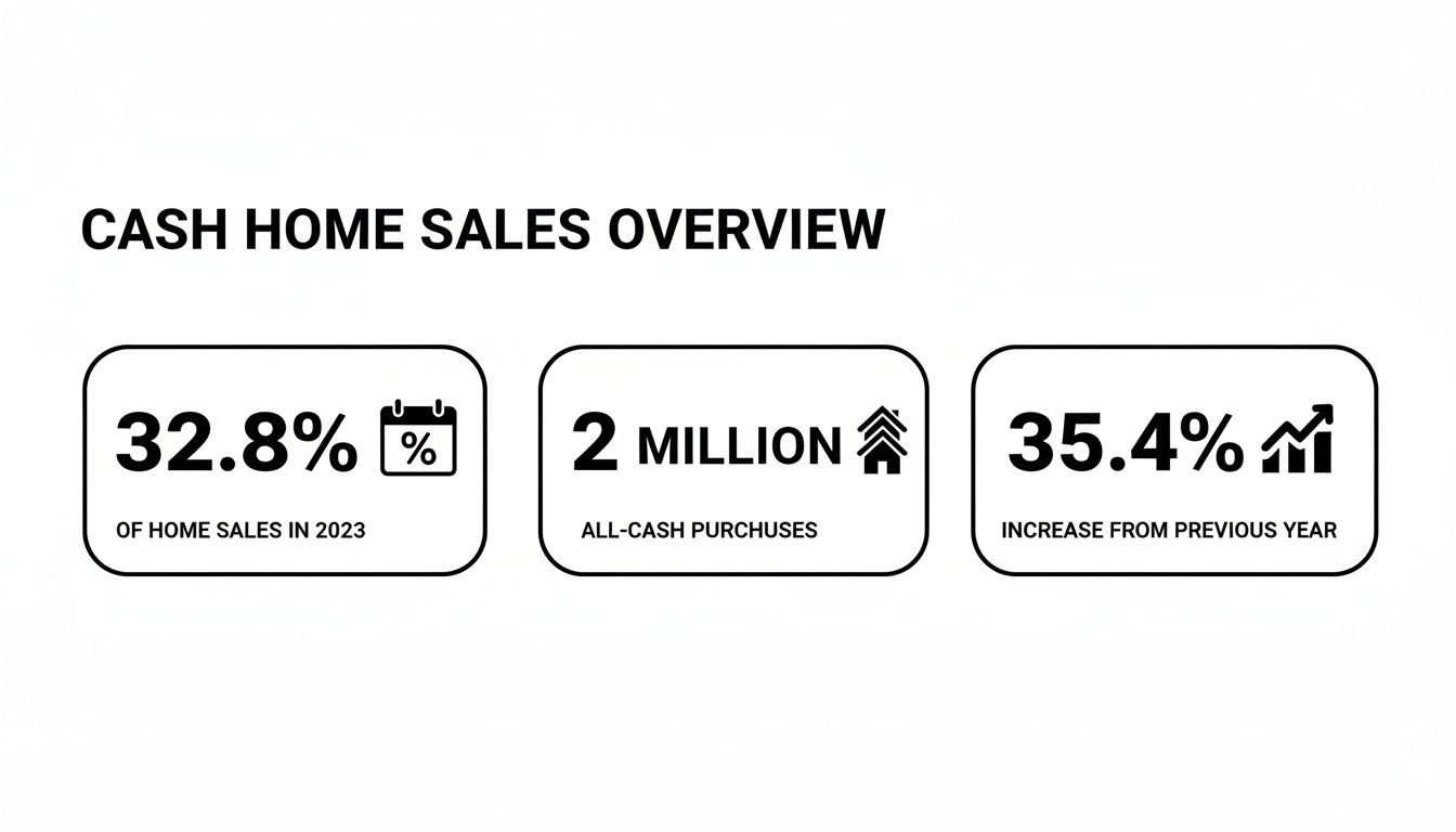 Overview of cash home sales statistics, showing 32.8% of 2023 sales and a 35.4% annual increase.