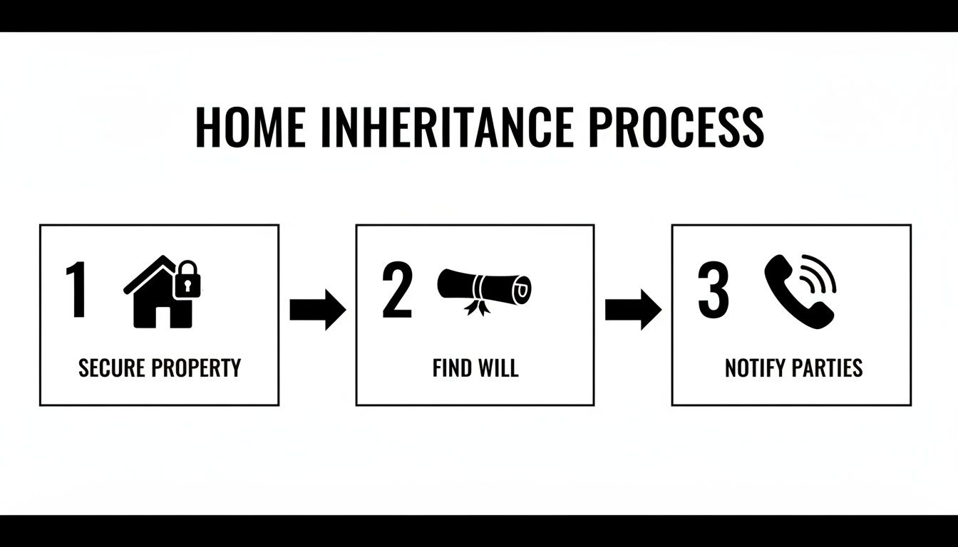 Flowchart illustrating the home inheritance process: secure property, find will, and notify parties.
