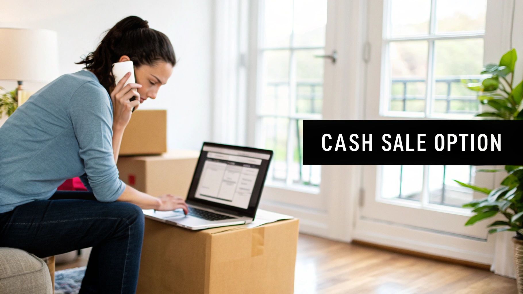 A woman talks on her phone and uses a laptop, surrounded by moving boxes, with 'CASH SALE OPTION' text.