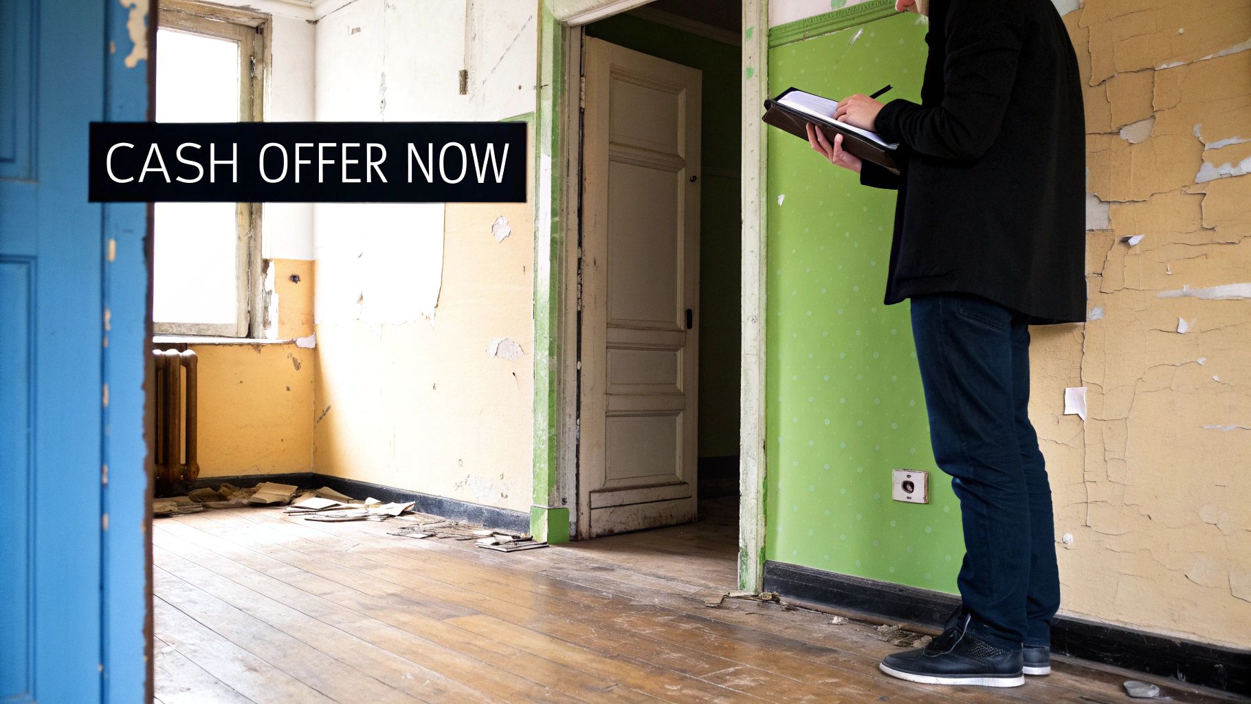 A person inspects a rundown house with peeling paint, next to a 'CASH OFFER NOW' sign.