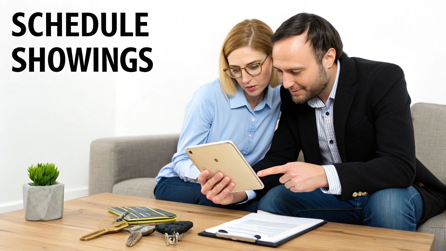 A man and woman schedule property showings on a tablet, sitting on a couch in a modern room.