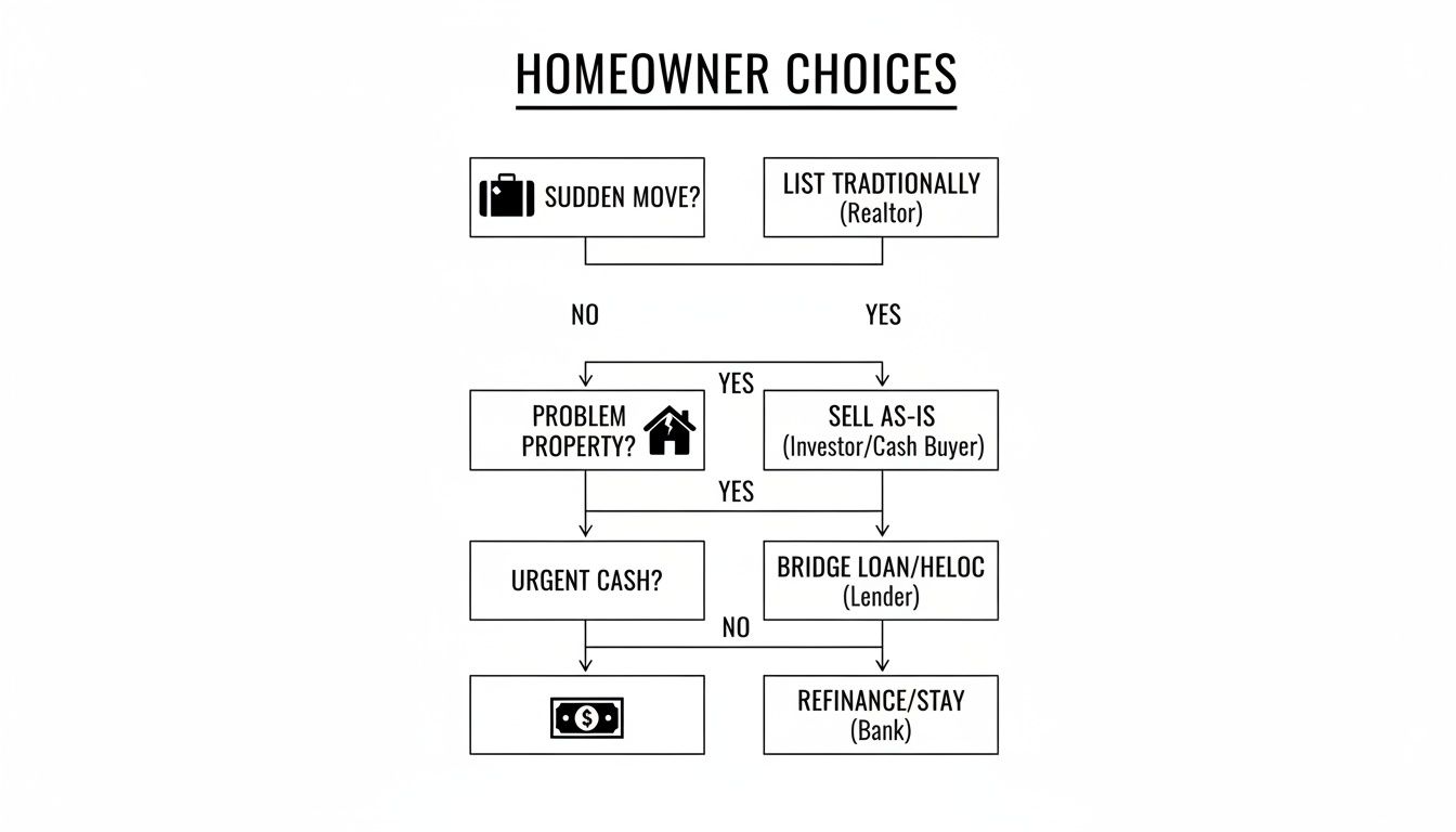 Flowchart detailing homeowner choices for selling property, including traditional listing, selling as-is, and refinancing.