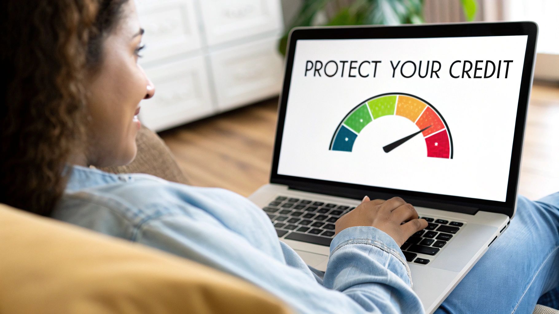 A smiling woman on a couch views 'Protect Your Credit' on her laptop.