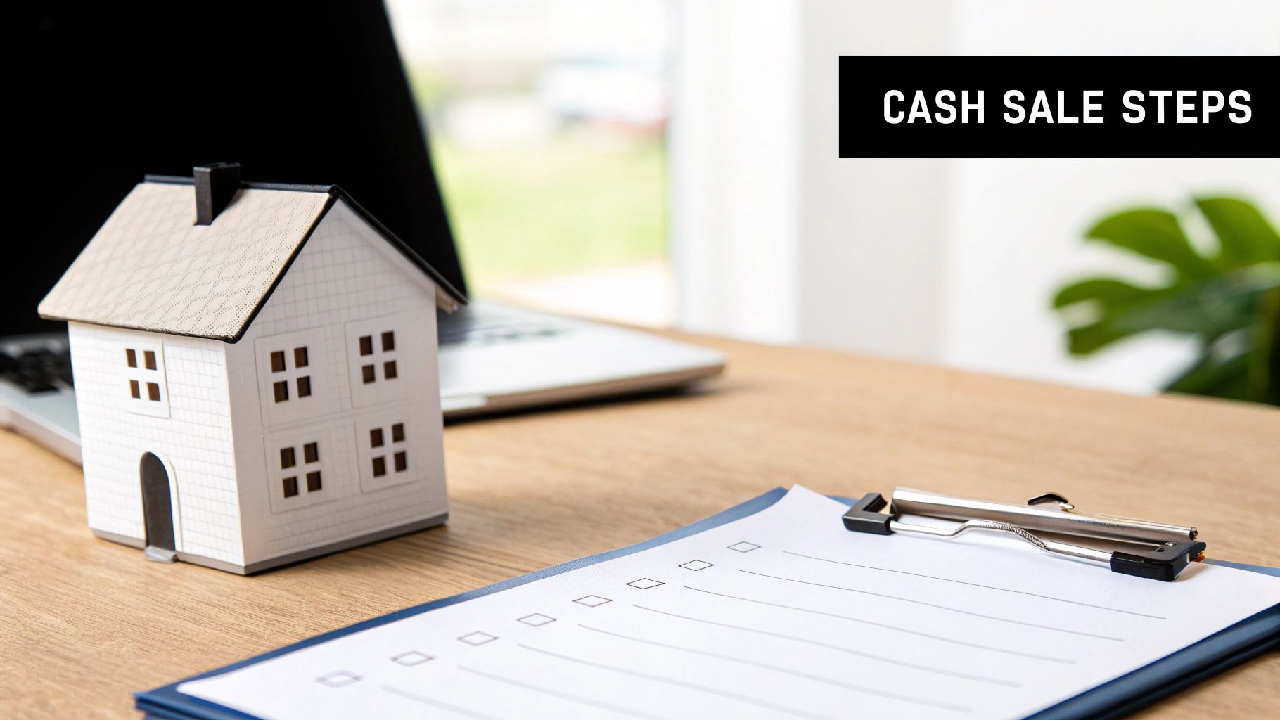 A miniature house, laptop, and clipboard with a checklist on a desk for cash sale steps.