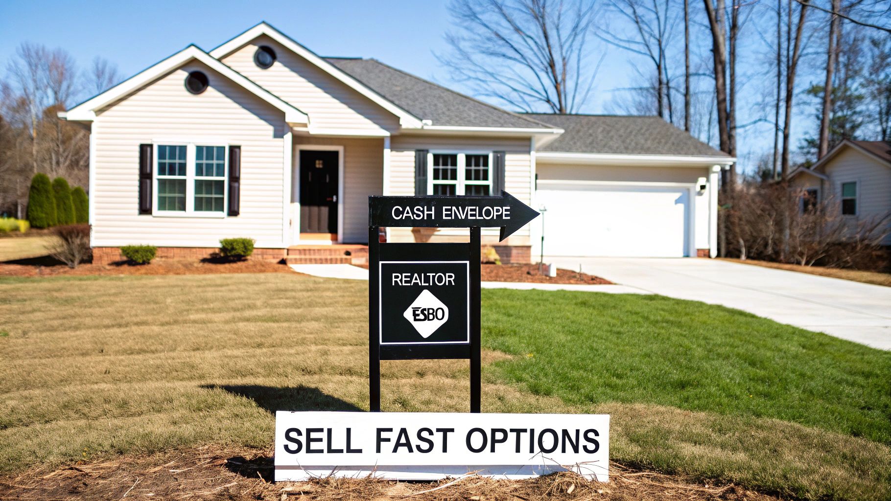 A house with a "Sell Fast Options" real estate sign in the yard, indicating a quick home sale.
