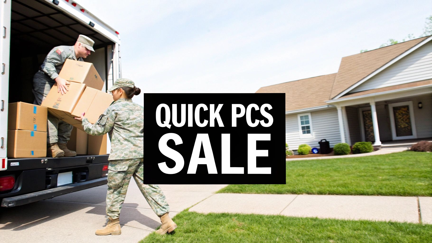 Two service members load moving boxes into a truck, signaling a military PCS move.
