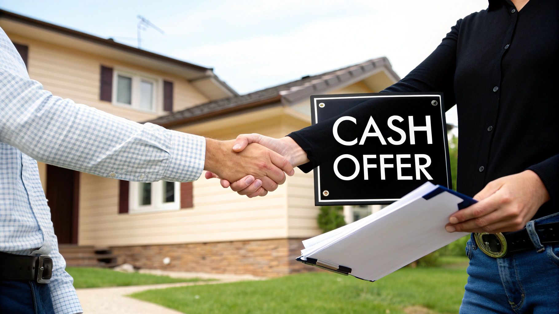 Two people shake hands in front of a house, one holding a 'CASH OFFER' sign.