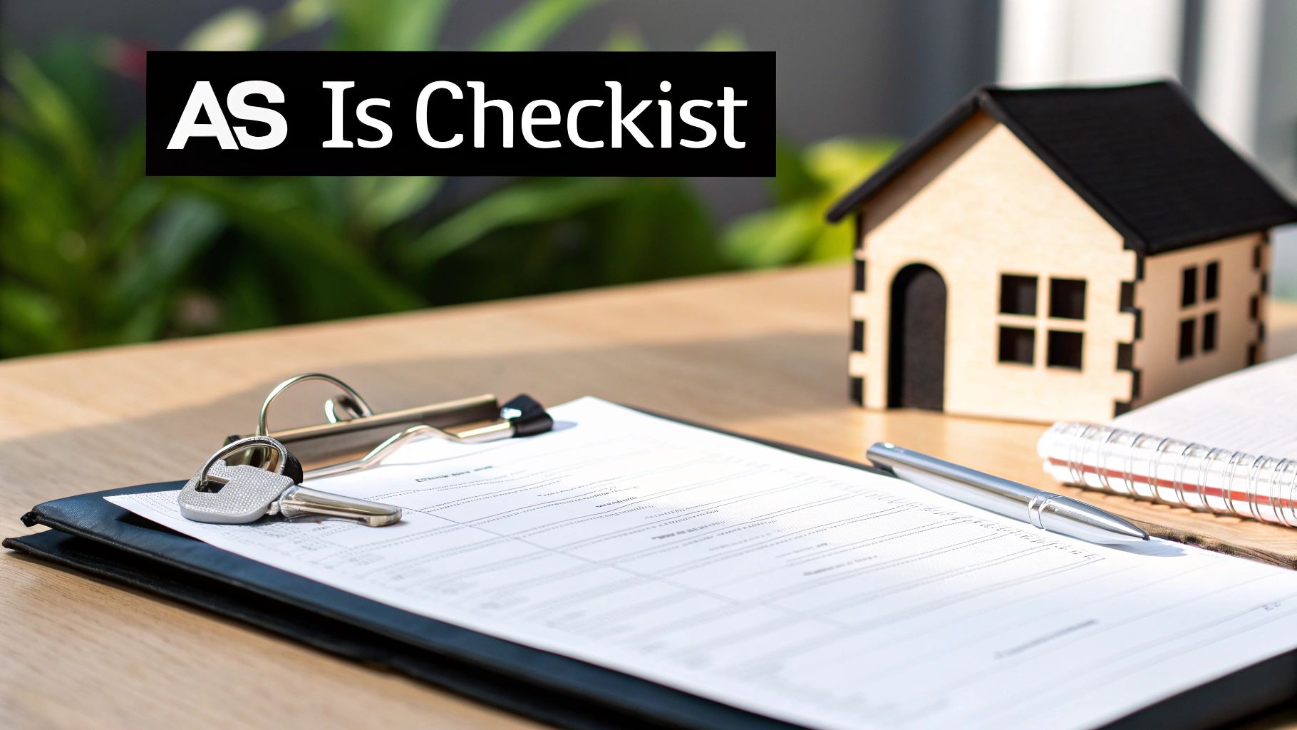 A wooden model house, clipboard with 'AS Is Checklist' document, house key, and pen on a desk.