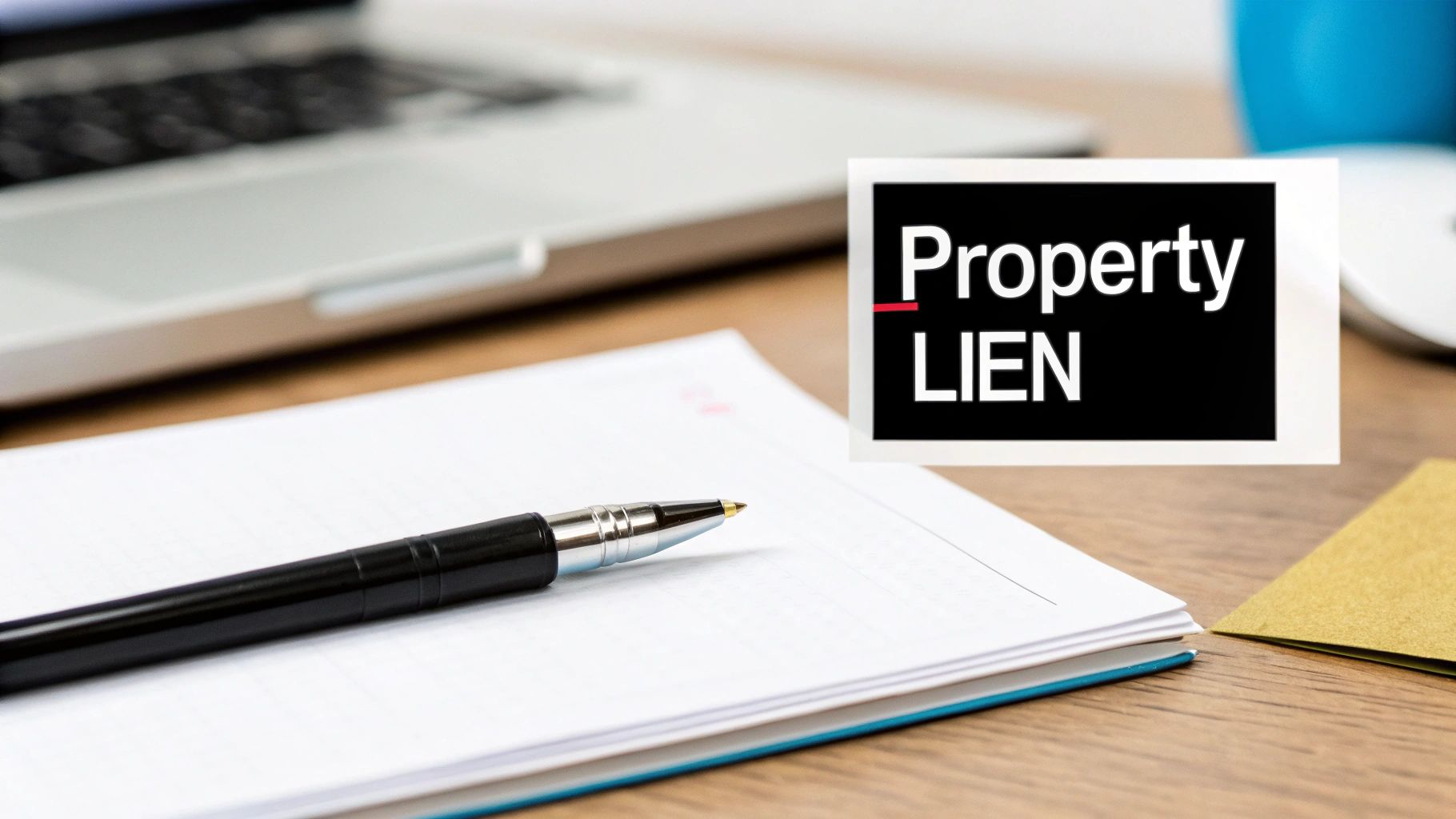 A close-up of a desk with a laptop, notebook, pen, and a card saying 'Property LIEN'.