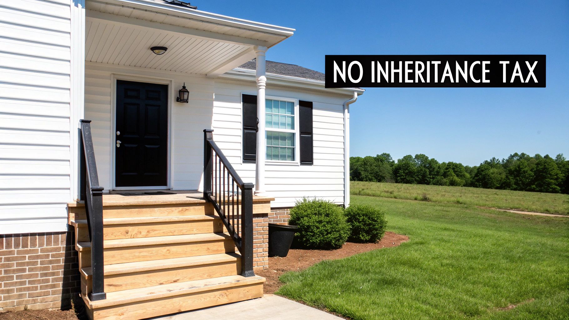 A white house with a front porch, black door, wooden steps, and a "NO INHERITANCE TAX" sign.