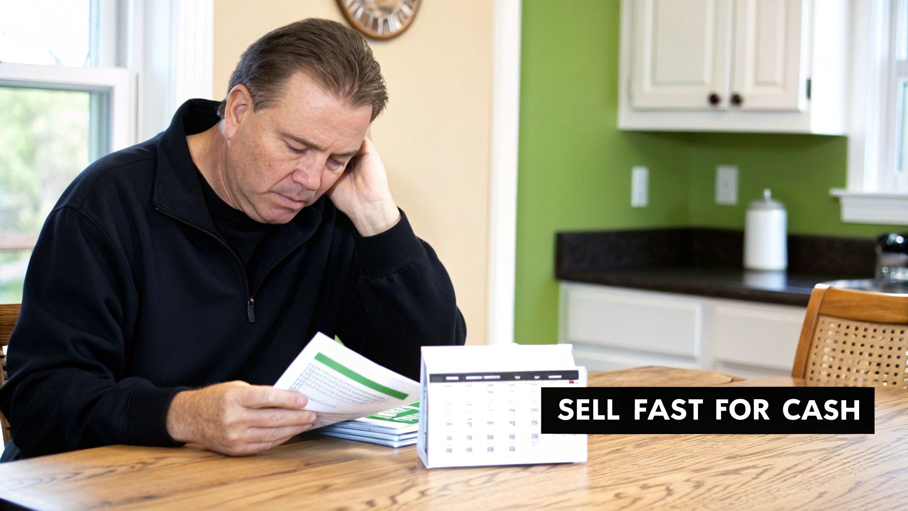 A man looking stressed while reading documents at a kitchen table with a calendar nearby.