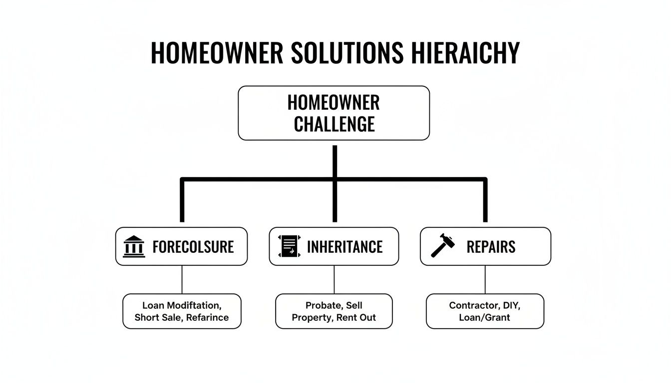 Hierarchy diagram showing homeowner challenges like foreclosure, inheritance, and repairs, with various solutions for each.