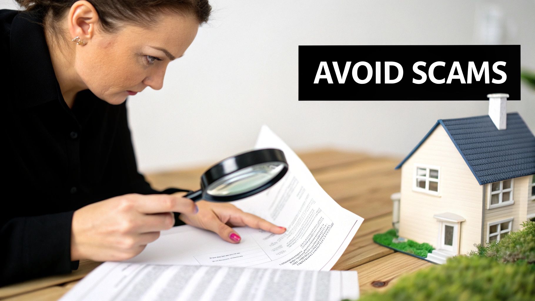 A woman carefully examines documents with a magnifying glass next to a model house, with text 'AVOID SCAMS'.