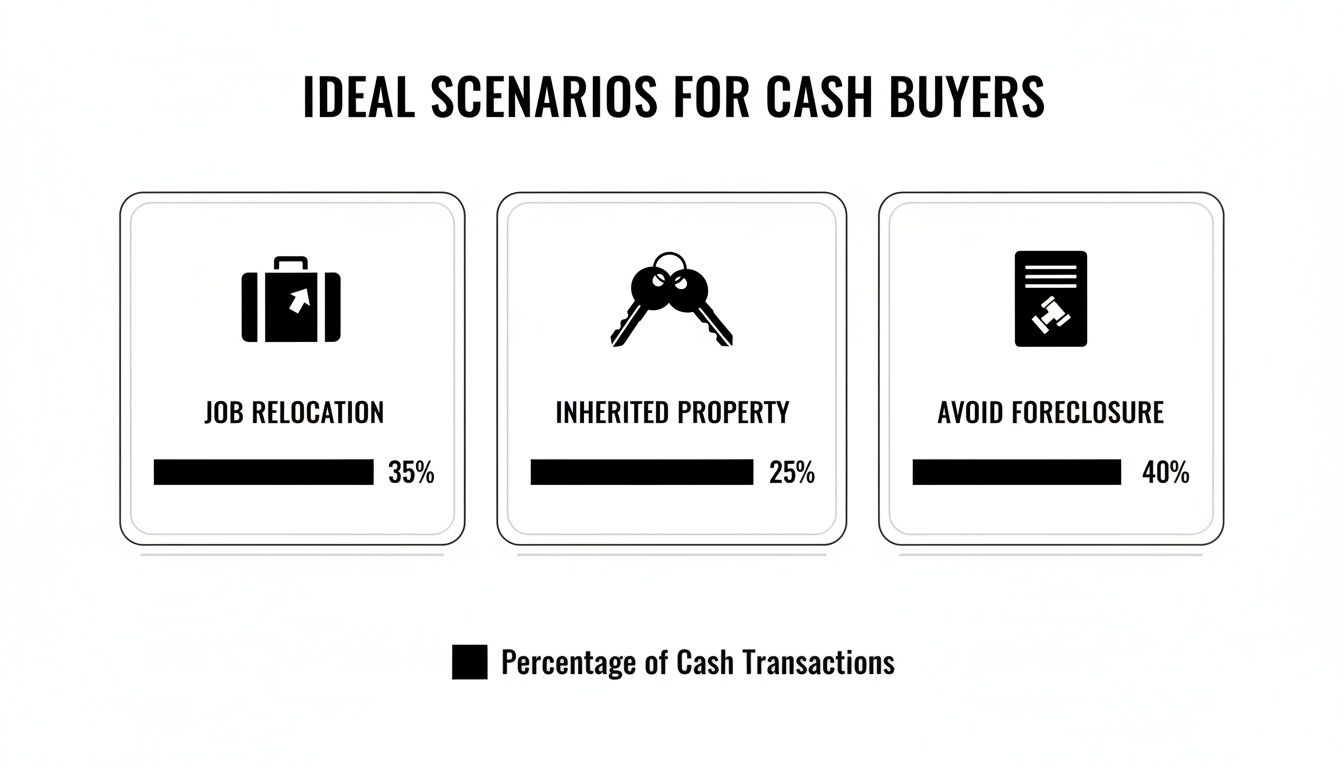 Infographic showing ideal scenarios for cash home buyers: job relocation, inherited property, and avoiding foreclosure.