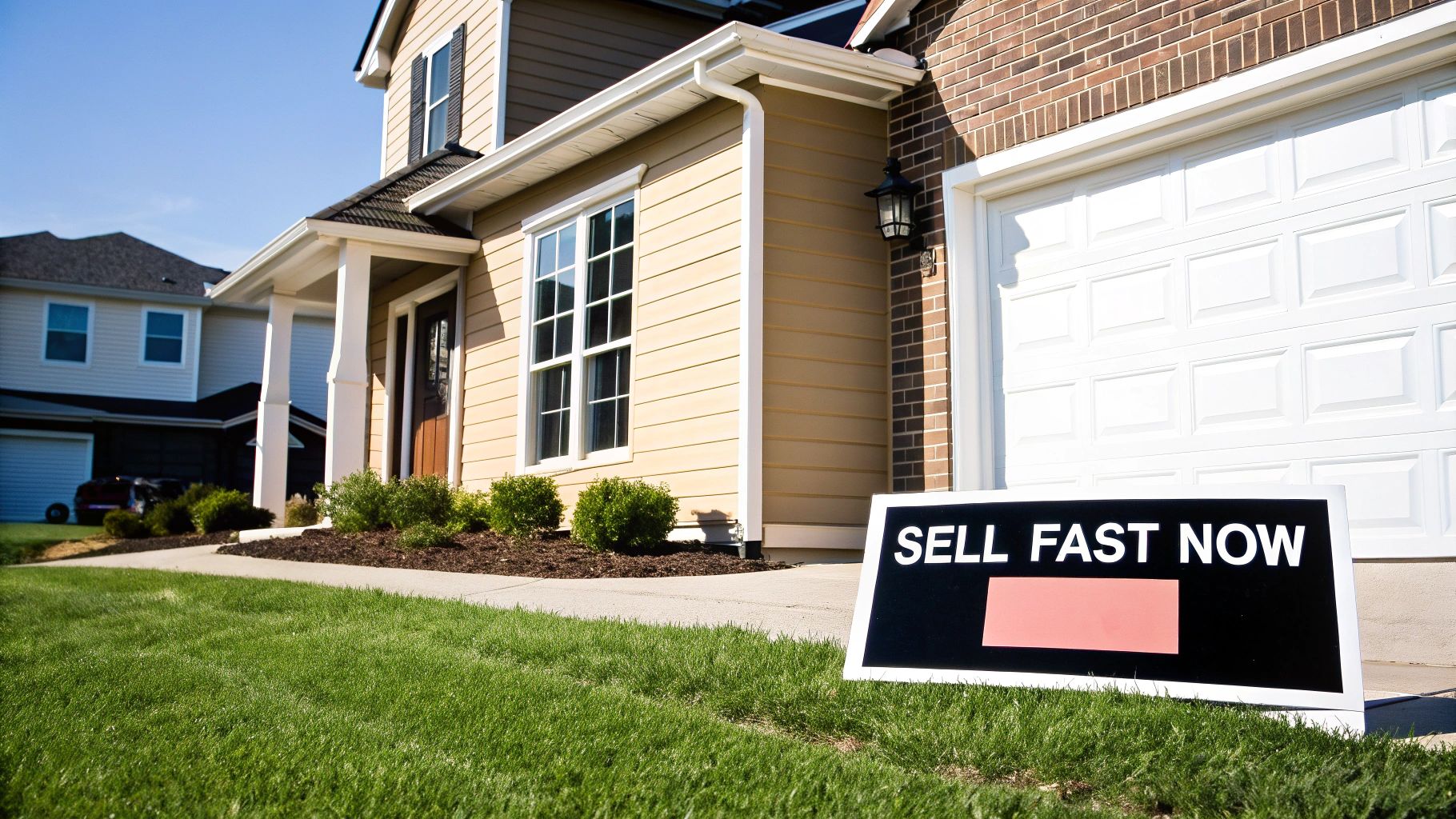 Front view of a suburban house with a real estate 'SELL FAST NOW' sign on the bright green lawn.