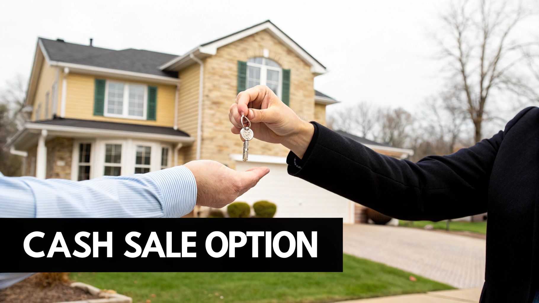 Hands exchanging house keys in front of a yellow residential house with "CASH SALE OPTION" text.