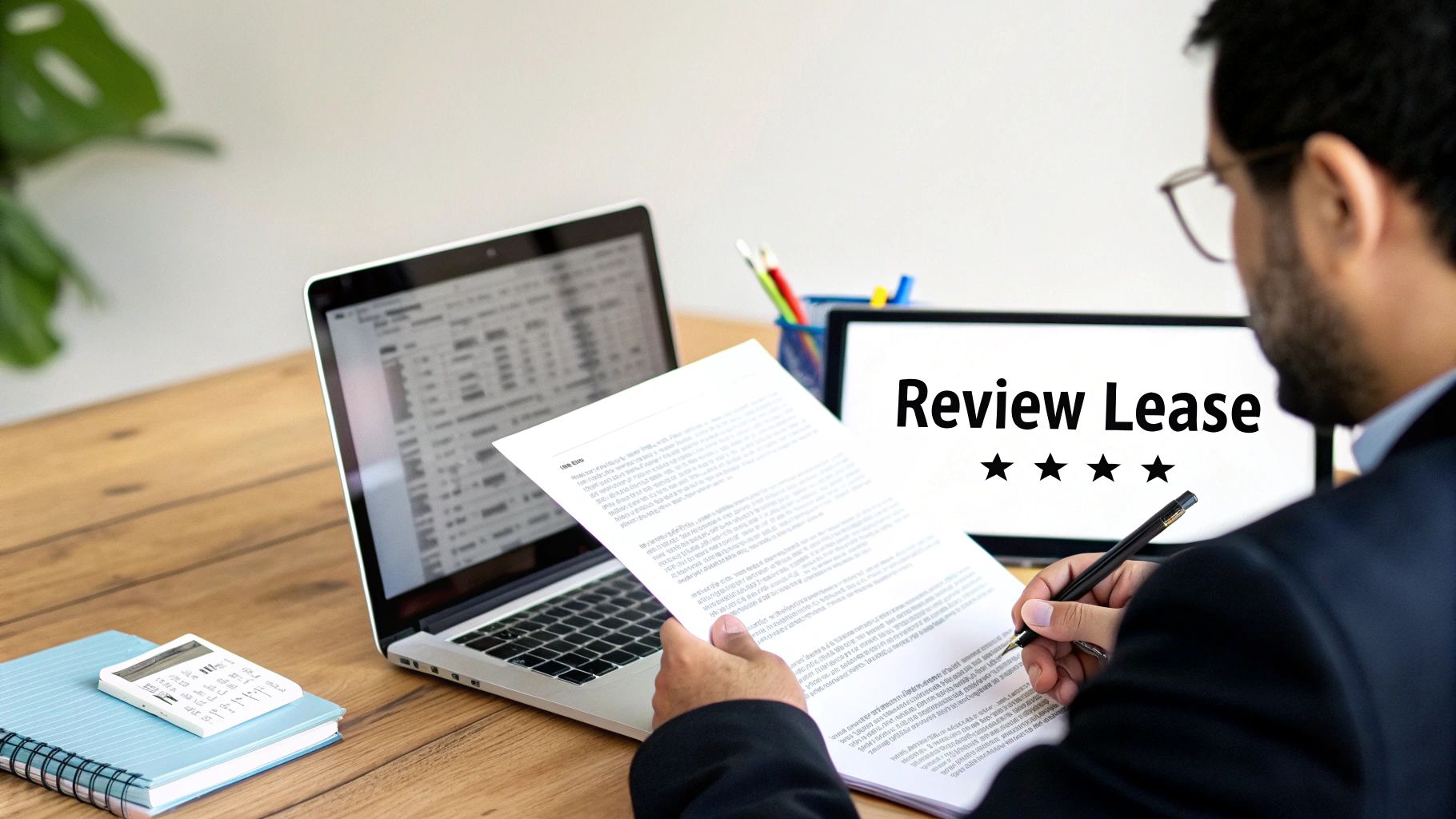 Person reviewing a lease document at a desk with a laptop, tablet displaying "Review Lease", calculator, and notebook.