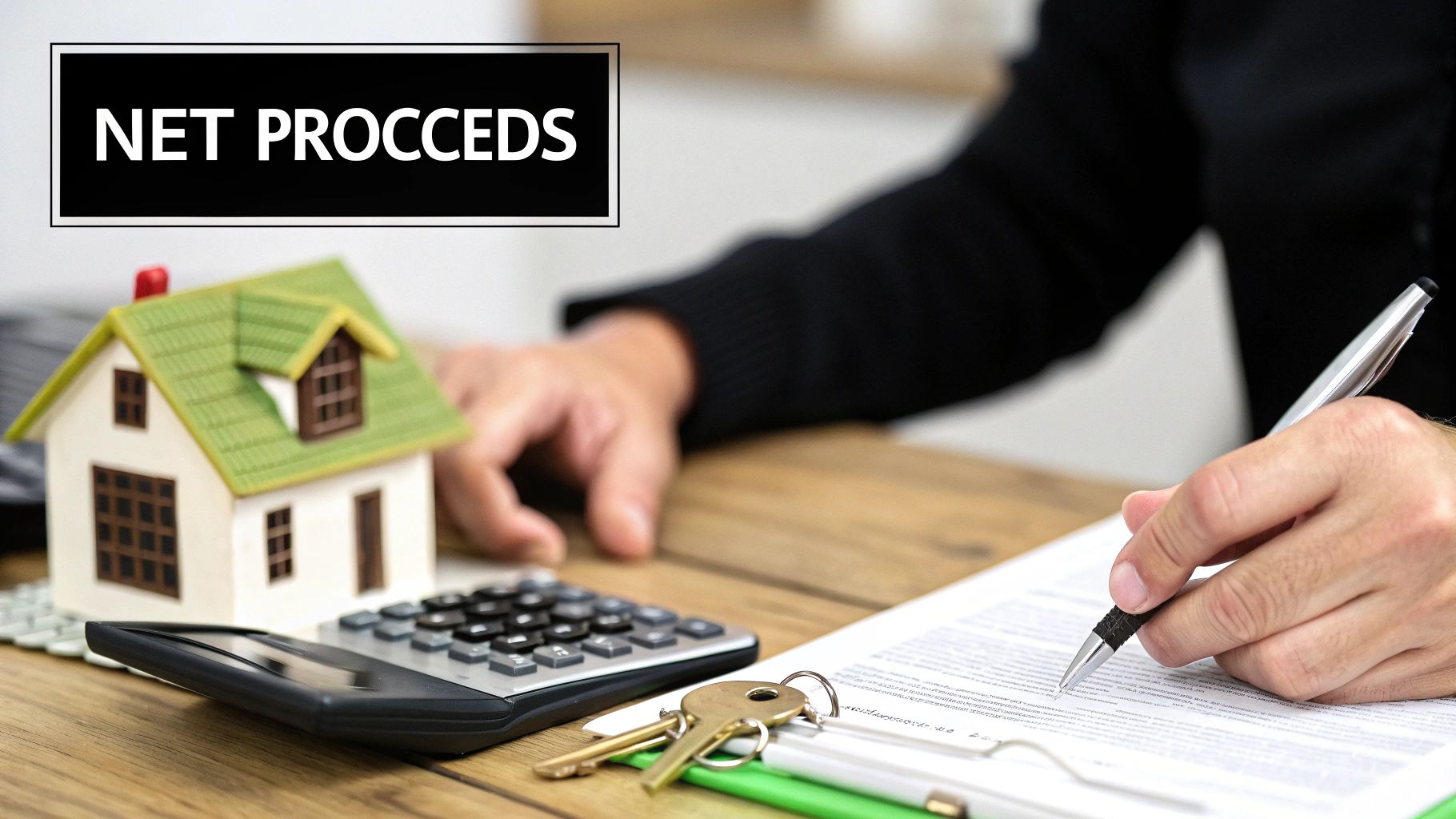 Man calculating net proceeds for property sale, signing contract with model house and keys.