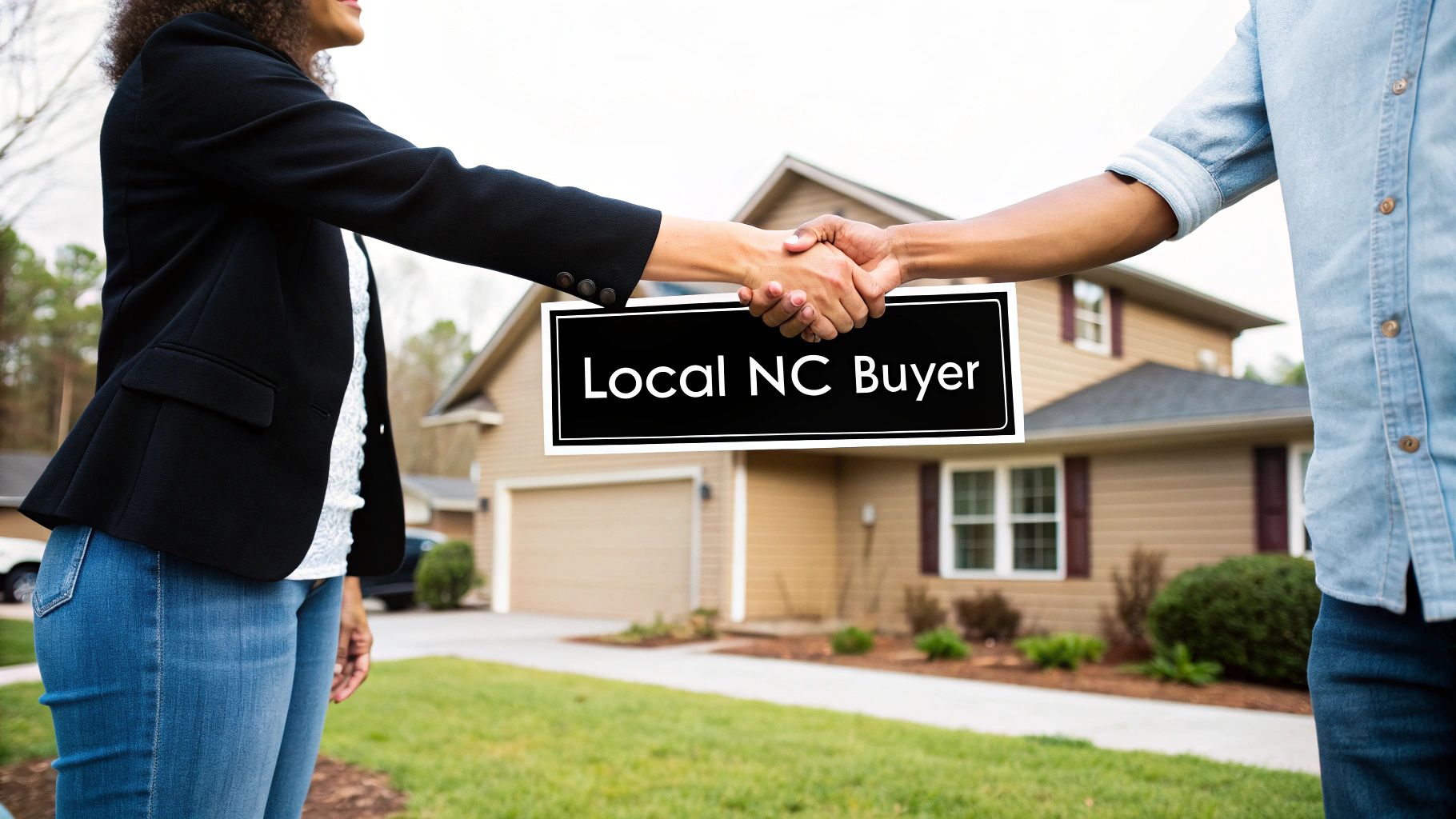 Two people shaking hands in front of a house, holding a 'Local NC Buyer' sign.