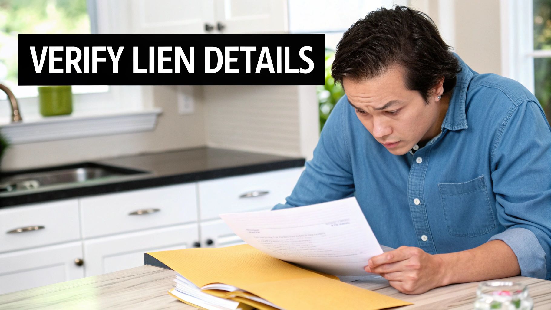 A focused man diligently verifies lien details on financial documents at a kitchen table.