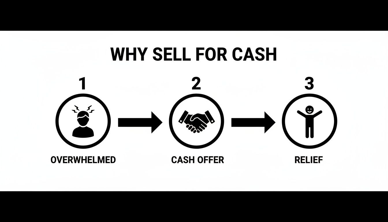 Infographic showing the process of selling for cash: from being overwhelmed to receiving a cash offer and finding relief.
